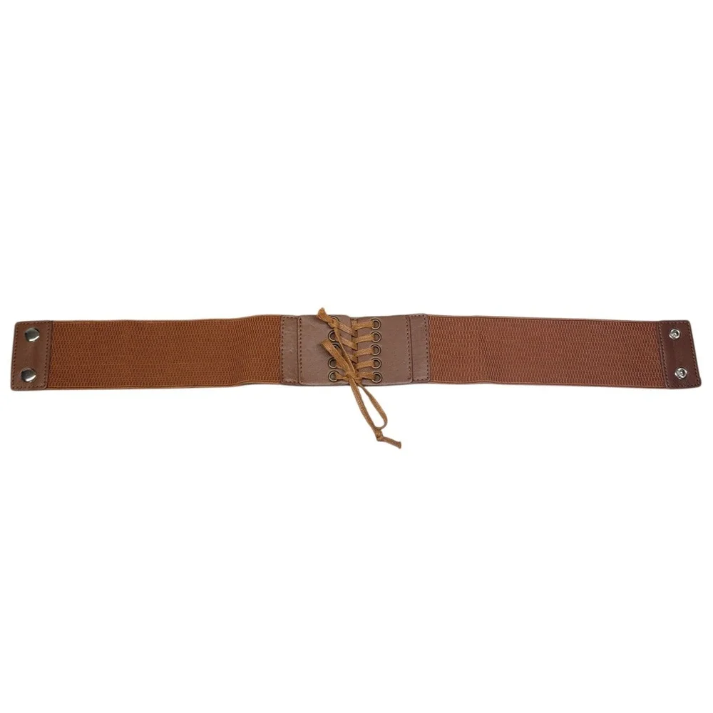Brown Wide Elastic Corset Belt Lace Up‎ Faux Leather Cinch Waistband  26-30 in